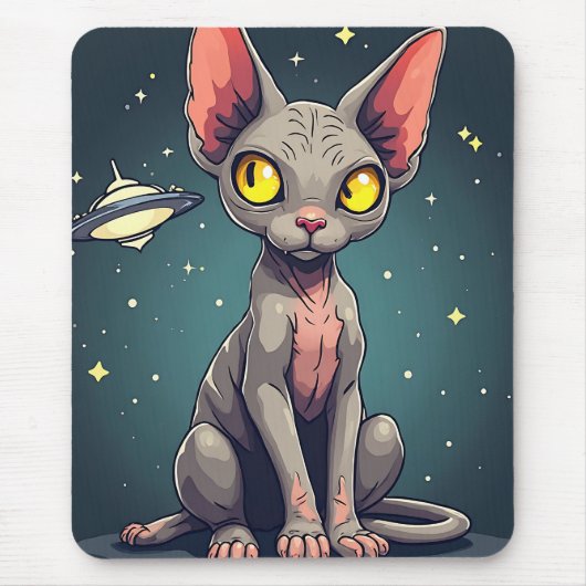 Judging Sphynx Cat UFO Space Cartoon Art マウスパッド (正面)