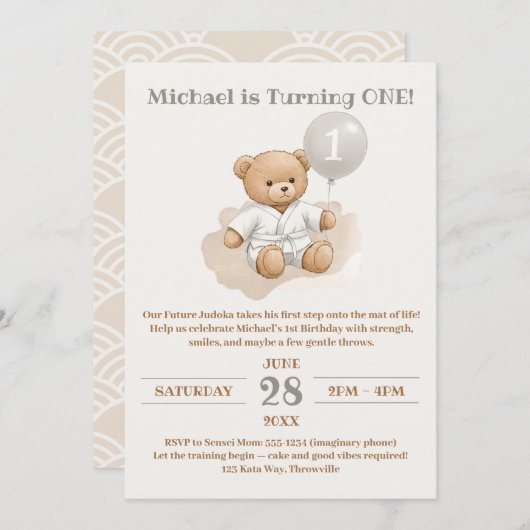 "Judo Bear’s First Belt" – 1st Birthday White Belt 招待状 (正面/裏面)