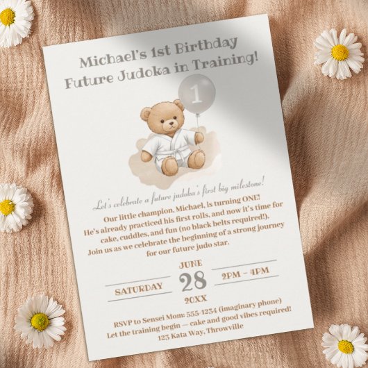 Judo Bear’s First Belt" – 1st Birthday White Belt 招待状