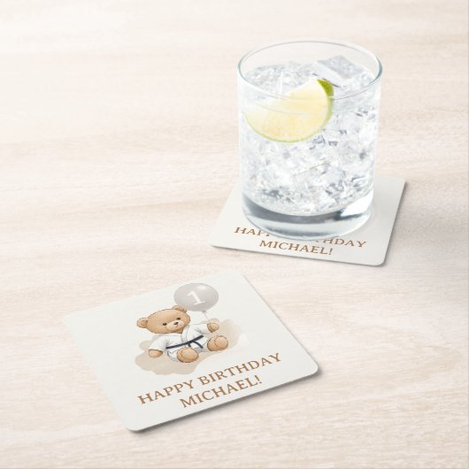 Judo Bear Turns One" – 1st Birthday 【Black-belt】 スクエアペーパーコースター (インサイチュ)