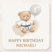 Judo Bear Turns One" – 1st Birthday 【Black-belt】 スクエアペーパーコースター (正面)