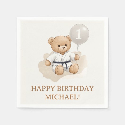 Judo Bear Turns One" – 1st Birthday 【Black-belt】 スタンダードカクテルナプキン (正面)