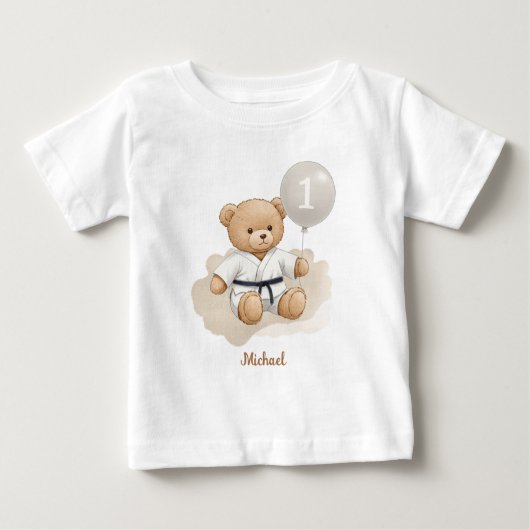 Judo Bear Turns One" – 1st Birthday【Black-belt】 ベビーTシャツ (正面)