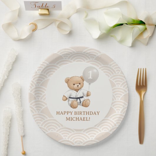 Judo Bear Turns One" – 1st Birthday 【Black-belt】 ペーパープレート (ウェディング)