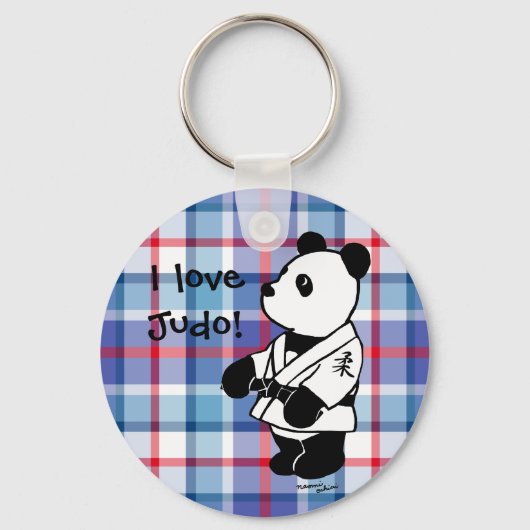 Judo Panda Cartoon with a Black Belt Plaid キーホルダー (正面)