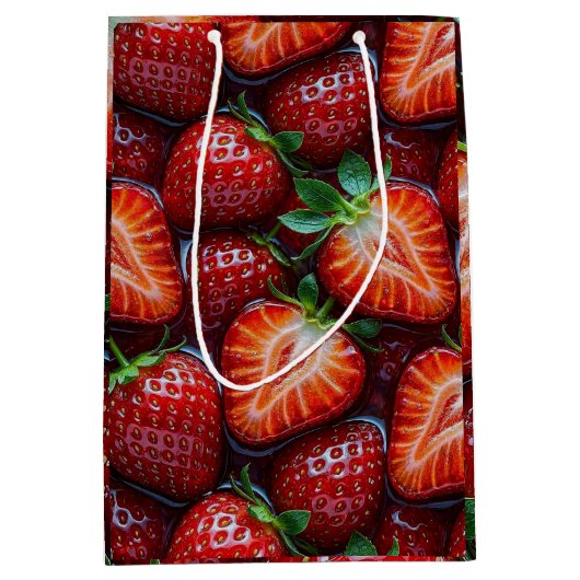 Juicy Fresh Red Strawberries Summer Fruit Pattern ミディアムペーパーバッグ (正面)
