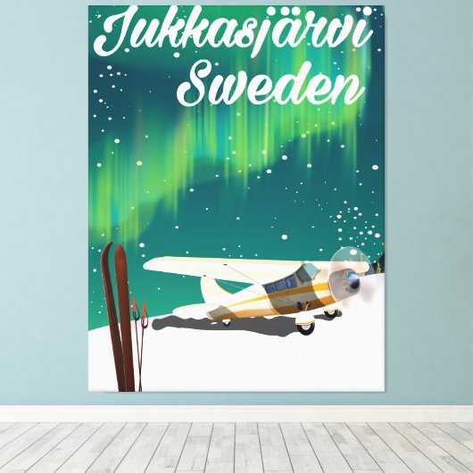 JukkasjerviスウェーデンNorthern lightsバケーションポスター キャンバスプリント (インサイチュ (ウッドフロア))