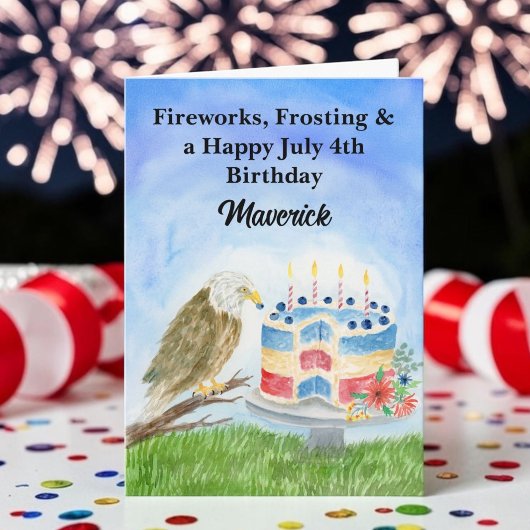 July 4th Birthday Bald Eagle & Patriotic Cake  カード