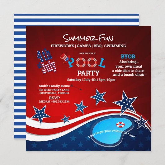 July 4th Pool Party BBQ Fireworks Invitation 招待状 (正面/裏面)