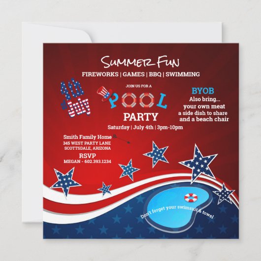 July 4th Pool Party BBQ Fireworks Invitation 招待状 (正面)