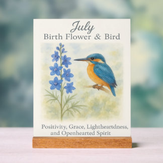 July Birthday Bird Blue Floral Vintage Inspiration アクリルサイン