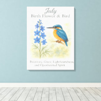 July Birthday Bird Blue Floral Vintage Inspiration キャンバスプリント