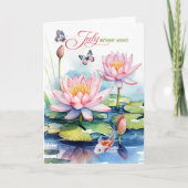 July Birthday Pink Waterlilies and Koi Fish カード (正面)