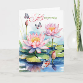 July Birthday Pink Waterlilies and Koi Fish カード
