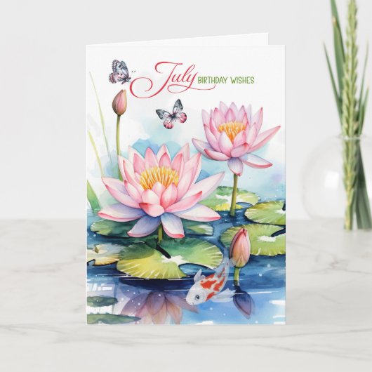July Birthday Pink Waterlilies and Koi Fish カード (正面)