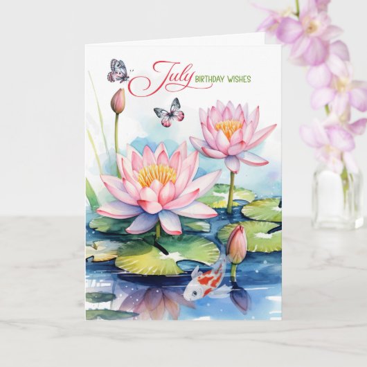 July Birthday Pink Waterlilies and Koi Fish カード (蘭)