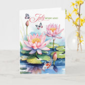 July Birthday Pink Waterlilies and Koi Fish カード (黄色い花)