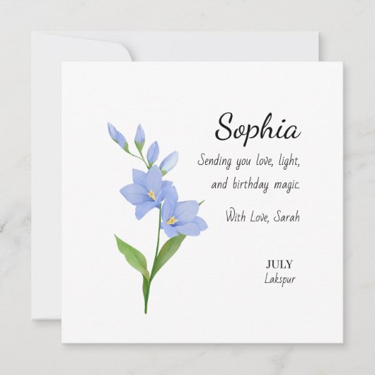 July Larkspur Personalized Birthday カード (正面)