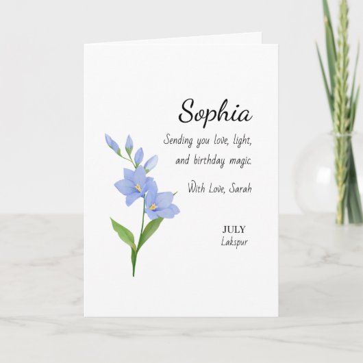 July Larkspur Personalized Birthday カード (正面)