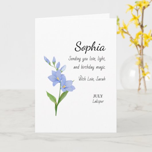 July Larkspur Personalized Birthday カード (黄色い花)