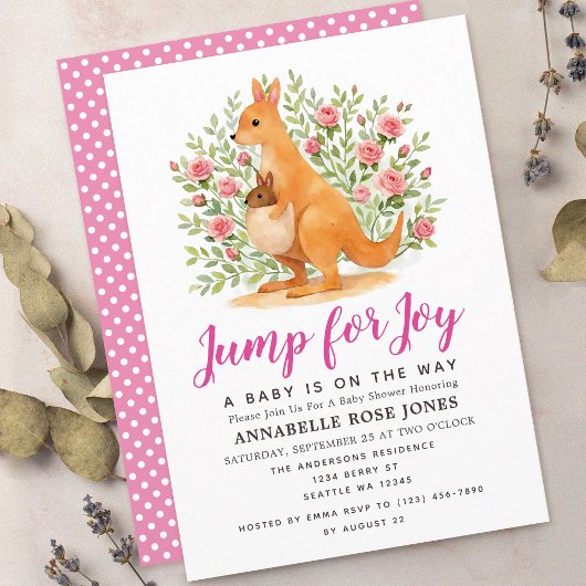 Jump For Joy Cute Kangaroo Girl Baby Shower 招待状