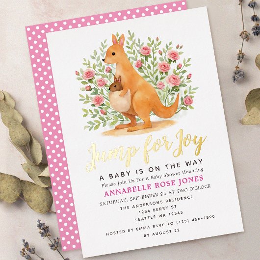 Jump For Joy Cute Kangaroo Girl Baby Shower 箔招待状