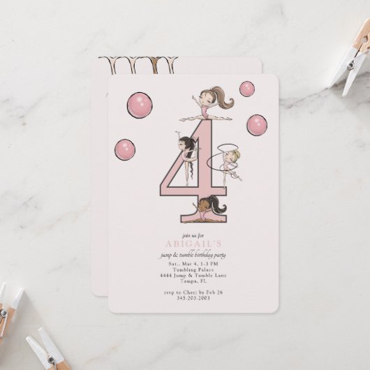 Jump & Tumble Gymnastics 4th Birthday Party 招待状 (正面/裏面インサイチュ)