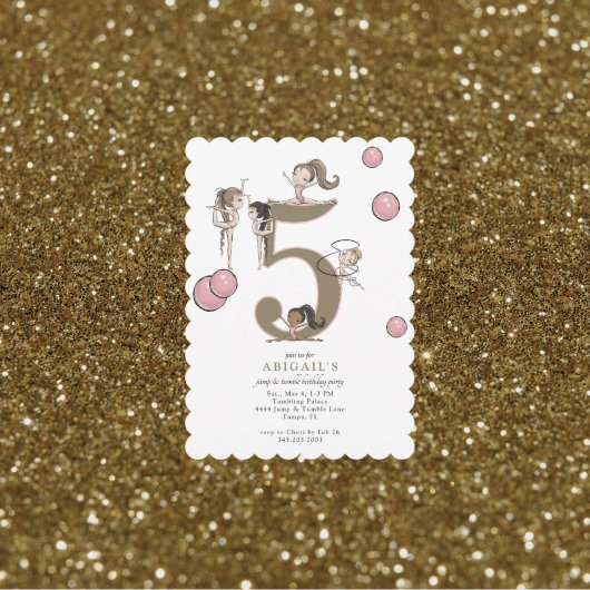 Jump & Tumble Gymnastics White 5th Birthday Party 招待状