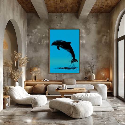 Jumping Dolphin Poster – Black Silhouette on Blue ポスター