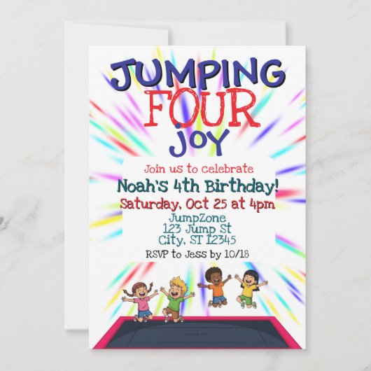 Jumping FOUR Joy, Trampoline 4th Birthday  招待状 (正面)