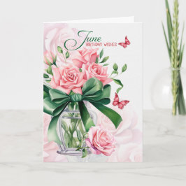 June Birthday Pink Roses with Butterflies カード