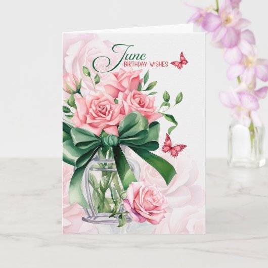 June Birthday Pink Roses with Butterflies カード (蘭)