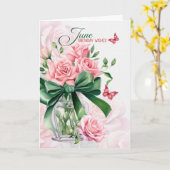June Birthday Pink Roses with Butterflies カード (黄色い花)