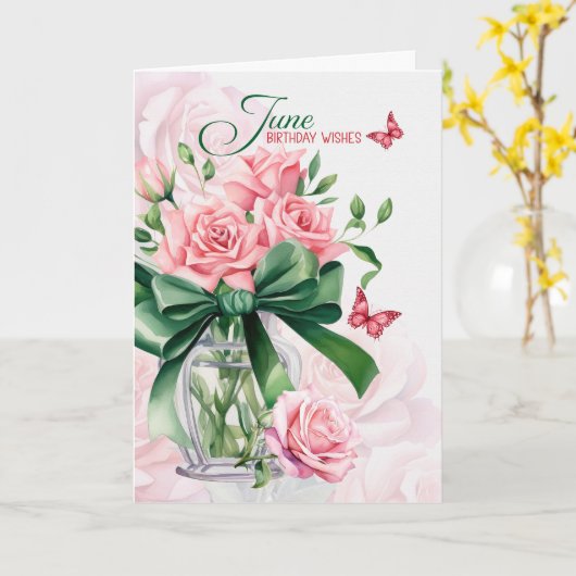 June Birthday Pink Roses with Butterflies カード (黄色い花)