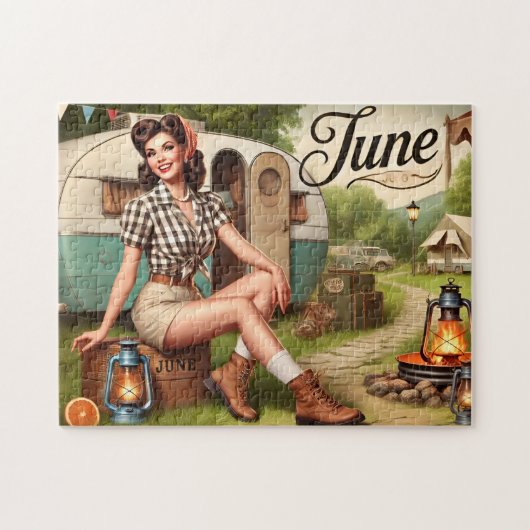June Retro Summer Camping Pin-Up Girl  ジグソーパズル (横)