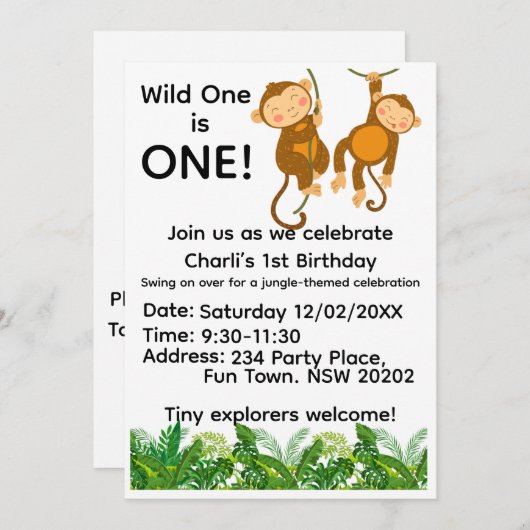 Jungle 1st Birthday Invitation | Wild One First  招待状 (正面/裏面)