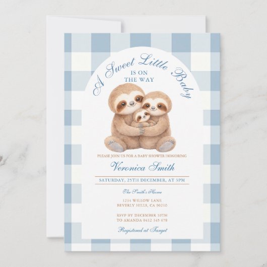 Jungle Animal Blue Gingham Sloth Couples Shower 招待状 (正面)