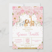 Jungle Animals Blush Pink Floral Baby Shower  招待状 (正面)