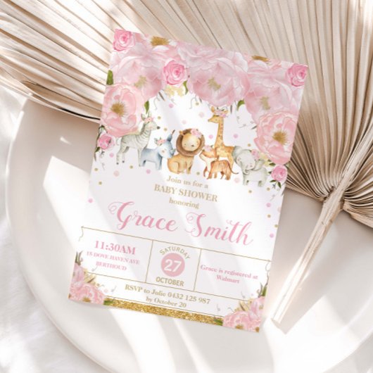 Jungle Animals Blush Pink Floral Baby Shower  招待状