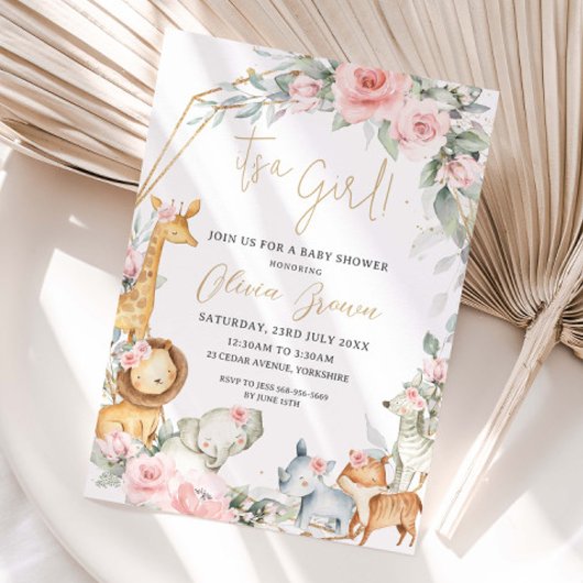 Jungle Animals Pink Floral Girl Baby Shower  招待状