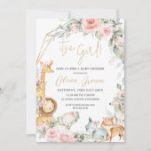 Jungle Animals Pink Floral Girl Baby Shower  招待状 (正面)