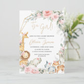 Jungle Animals Pink Floral Girl Baby Shower  招待状 (スタンド正面)