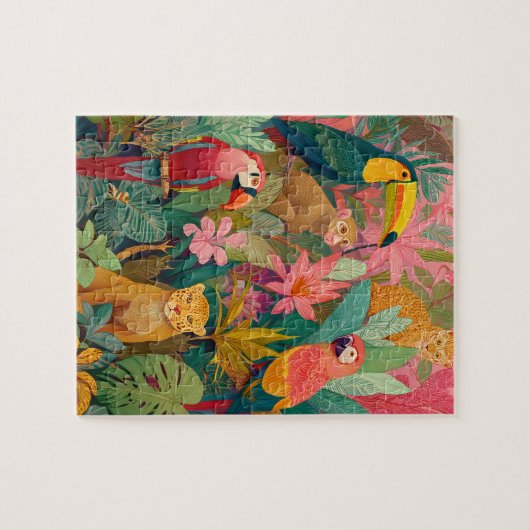 Jungle Animals Puzzle – Leopard and Tropical Birds ジグソーパズル (横)