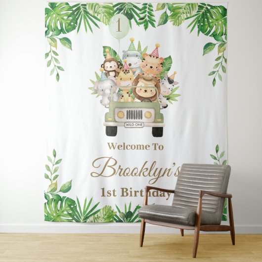 Jungle Animals Safari Car Adventure Party Backdrop タペストリー (インサイチュ)