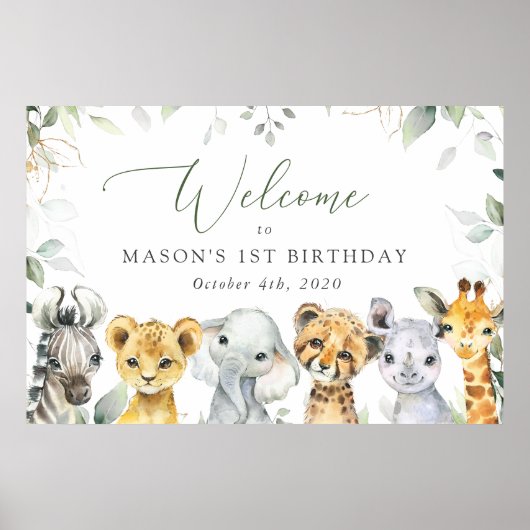 Jungle Animals, Safari, First Birthday Welcome ポスター (正面)