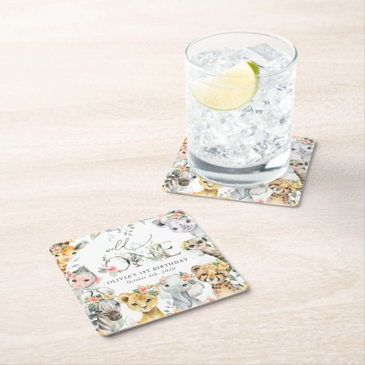 Jungle Animals, Safari, Flowers, First Birthday スクエアペーパーコースター (インサイチュ)