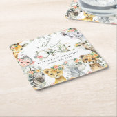 Jungle Animals, Safari, Flowers, First Birthday スクエアペーパーコースター (アングル)