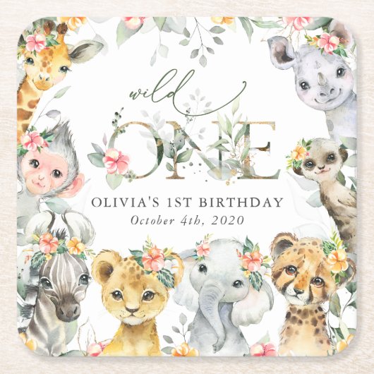Jungle Animals, Safari, Flowers, First Birthday スクエアペーパーコースター (正面)