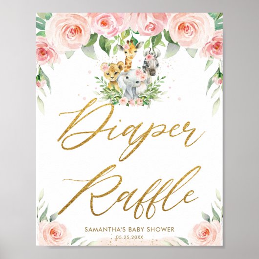 Jungle Animals Safari Pink Floral Diaper Raffle  ポスター (正面)