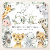 Jungle Animals, Safari, Wild One, First Birthday スクエアペーパーコースター (正面)